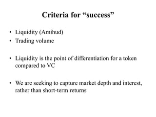 Criteria for “success”
• Liquidity (Amihud)
• Trading volume
• Liquidity is the point of differentiation for a token
compa...