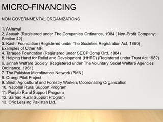 MICRO-FINANCING
NON GOVERNMENTAL ORGANIZATIONS
1. Akhuwat
2. Asasah (Registered under The Companies Ordinance, 1984 ( Non-Profit Company;
Section 42)
3. Kashf Foundation (Registered under The Societies Registration Act, 1860)
Examples of Other MFI
4. Taraqee Foundation (Registered under SECP Comp Ord. 1984)
5. Helping Hand for Relief and Development (HHRD) (Registered under Trust Act 1982)
6. Jinnah Welfare Society (Registered under The Voluntary Social Welfare Agencies
Ordinance, 1961)
7. The Pakistan Microfinance Network (PMN)
8. Orangi Pilot Project
9. Sindh Agricultural and Forestry Workers Coordinating Organization
10. National Rural Support Program
11. Punjab Rural Support Program
12. Sarhad Rural Support Program
13. Orix Leasing Pakistan Ltd.
 