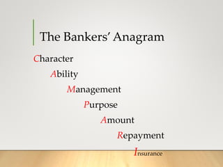 The Bankers’Anagram
Character
Ability
Management
Purpose
Amount
Repayment
Insurance
 