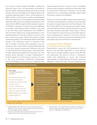 are a number of other problems with MDFs, including the                               Capital Investments Folio123 project in which considerable
distorting impact of low- and ﬁxed-interest rate lending on                           resources were expended in assisting local authorities to plan
ﬁnancial markets, weakening emerging instruments for raising                          for and prioritize infrastructure investments. But the wider
domestic resources, and problems with adopting efﬁcient and                           institutional issue of generating sustainable capital market
transparent appraisal systems. Hence, overall experience of                           ﬁnance was, in general, not addressed.
MDFs has been mixed. Success—in terms of expanding the
role of such organizations—has ranged from rejecting outright                         Overall, such funds were effective disbursement agencies for
additional funding, and more stringent ﬁnancing terms in the                          international funding agencies and they may have increased
case of the Thai MDF, through the rather lukewarm reception                           the quality of project assessments and fund allocation. But
of the RDA in Indonesia, to implementing and establishing                             the broader objectives of accessing private capital markets,
a successful self-sustaining ﬁnancial institution in the case                         extending operations beyond speciﬁc project ﬁnancing, and
of the Tamil Nadu Urban Development Fund (TNUDF) in                                   becoming ﬁnancially sustainable entities without infusions
India. This latter institution has actually graduated to a more                       of new capital from the government and funding agencies,
sophisticated level of ﬁnancing institutions, as shown in the                         have not generally been achieved.124 A few have, however,
box on the previous page. However, the approach enabled                               become part of a transition process toward developing more
infrastructure projects to be implemented without fundamental                         specialized local government ﬁnancial intermediaries.
change in the institutional context of investment. There
was no question of private sector participation since the                             Local government’s obligation
transaction costs in each market remained prohibitively high                          to rationalize revenue raising
for any actor except the government. Moreover, there was                              Decentralization means that local governments have to
no institutional basis for that participation. Individual projects                    become more ﬁnancially responsible in raising revenues.
included institutional-strengthening components, but most                             They need to manage available resources more efﬁciently
focused almost exclusively on project implementation.122                              and responsively and press for reforms in intergovern-
A good example of a fund focusing its activity in this area                           mental       ﬁscal    relationships      to    ensure     that    functional
is     the    Local     Government         Infrastructure      Development            responsibilities are clearly deﬁned and revenue sources are
Fund in the Philippines. This fund was an outgrowth of the                            adequate to meet them. Public ﬁnancial management must

      Stages of Local Development Financing


        First stage                                            Second stage                                          Third stage
        Funding local government                               Assisting local governments                           Mobilizing private resources
        investments                                            develop and build a credit record                     for local infrastructure


        Municipal development funds                            Specialized ﬁnancial intermediaries                   Provide pooling mechanism
        the conduit of budgetary                               develop capacity in local project                     through which local government
        resources for local governments,                       ﬁnance. Funds from budget and                         mobilizes private funds.
        as loans or grants.                                    bi/multilateral agencies.                             Operate on commercial principles
        Focuses on strengthening                               Help local governments improve                        and issue long-term debt for on-
        local capacity and improving                           creditworthiness through better                       lending to viable, revenue
        selection of capital investment                        budgeting, auditing, and                              generating infrastructure projects.




      01                                                   02                                                     03
        projects enhancing the quality of                      disclosure.                                           Borrowers can extend beyond
                                                                                                                                   e
        local project ﬁnance.                                                                                        local governments and include
                                                                                                                         l governme
                                                                                                                     utility agencies.

      Source: El Daher, S. 2000. Specialized Financial Intermediaries for Local Governments: A Market-Based Tool for Local Infrastructure.
      Washington, DC: World Bank.


                                                                                      124
122
       Lindﬁeld, Michael. 1996. Institutions, Incentives and Risks: Structuring             Dillinger, William. 1991. Urban Property Tenure Reform. Guidelines and
       Markets for Private Financing of Urban Infrastructure. Australian Housing            Recommendations. Urban Management Program. Discussion Paper
       and Urban Research Institute. Melbourne.                                             Number 11. Washington, DC: World Bank.
123
       De Villa, V.A. 1995. Metro Manila Capital Investments Folio. Seminar on
       Integrated Urban Infrastructure Development, New Delhi.




92           Managing Asian Cities
 