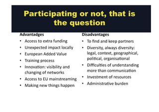 Participating or not, that is 
Advantadges 
• Access 
to 
extra 
funding 
• Unexpected 
impact 
locally 
• European 
Added 
Value 
• Training 
process 
• Innova@on: 
visibility 
and 
changing 
of 
networks 
• Access 
to 
EU 
mainstreaming 
• Making 
new 
things 
happen 
Disadvantages 
• To 
find 
and 
keep 
partners 
• Diversity, 
always 
diversity: 
legal, 
context, 
geographical, 
poli@cal, 
organisa@onal 
• Difficul@es 
of 
understanding 
more 
than 
communica@on 
• Investment 
of 
resources 
• Administra@ve 
burden 
the question 
 