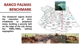 The dictatorial regime forced
the relocation of slum
inhabitants to peripheral
areas, building a poverty belt
on the edge of the city during
the 1960s-1980s, spiking
segregation
BANCO PALMAS
BENCHMARK
 