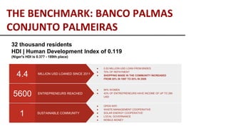 THE BENCHMARK: BANCO PALMAS
CONJUNTO PALMEIRAS
SUSTAINABLE COMMUNITY
1
● OPEN WIFI
● WASTE MANAGEMENT COOPERATIVE
● SOLAR ENERGY COOPERATIVE
● LOCAL GOVERNANCE
● MOBILE MONEY
ENTREPRENEURS REACHED
5600
● 84% WOMEN
● 43% OF ENTREPRENEURS HAVE INCOME OF UP TO 290
USD
MILLION USD LOANED SINCE 2011
4.4
● 0.53 MILLION USD LOAN FROM BNDES
● 70% OF REPAYMENT
● SHOPPING MADE IN THE COMMUNITY INCREASED
FROM 20% IN 1997 TO 93% IN 2009
32 thousand residents
HDI | Human Development Index of 0.119
(Niger's HDI is 0.377 - 189th place)
 