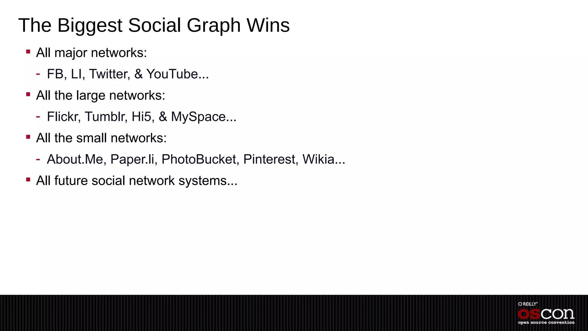 The Biggest Social Graph Wins
 All major networks:
 - FB, LI, Twitter, & YouTube...
 All the large networks:
 - Flickr, Tumblr, Hi5, & MySpace...
 All the small networks:
 - About.Me, Paper.li, PhotoBucket, Pinterest, Wikia...
 All future social network systems...
 
