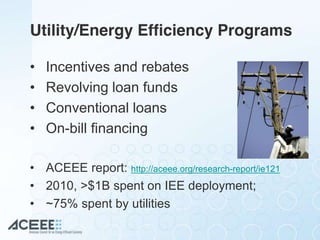 Utility/Energy Efficiency Programs
• Incentives and rebates
• Revolving loan funds
• Conventional loans
• On-bill financing
• ACEEE report: http://aceee.org/research-report/ie121
• 2010, >$1B spent on IEE deployment;
• ~75% spent by utilities
 