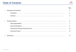 2
Table of Contents
Page
1. Introduction and Overview 2
– Introduction ………………………………………………………………………………………………………….. 3
– Overview ………………………………………………………………………………………………………….. 4
2. Financing Options……………………………………………………………………………………………………………….. 6
– Debt Capital Markets……………………………………………………………………………………………………. 7
– Export Credit Agency……………………………………………………………………………………………………. 9
– Infrastructure & Energy (Project) Finance…………………………………………………………………………….. 12
– Structured Finance………………………………………………………………………………………………………. 15
3. Conclusions…………………………………………………………………………………………………………………… 17
Table of Contents
 