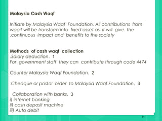 11
Malaysia Cash Waqf
Initiate by Malaysia Waqf Foundation. All contributions from
waqif will be transform into fixed asset as it will give the
continuous impact and benefits to the society.
Methods of cash waqf collection
1.Salary deduction.
For government staff they can contribute through code 4474
2.Counter Malaysia Waqf Foundation
3.Cheaque or postal order to Malaysia Waqf Foundation
3.Collaboration with banks
i) internet banking
ii) cash deposit machine
iii) Auto debit
 