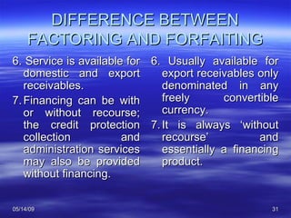 DIFFERENCE BETWEEN FACTORING AND FORFAITING 6. Service is available for domestic and export receivables. 7. Financing can be with or without recourse; the credit protection collection and administration services may also be provided without financing. 6. Usually available for export receivables only denominated in any freely convertible currency. 7. It is always ‘without recourse’ and essentially a financing product. 