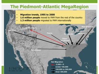 The Piedmont-Atlantic MegaRegion
  •   Migration trends, 1995 to 2000
  •   1.6 million people moved to PAM from the rest ...