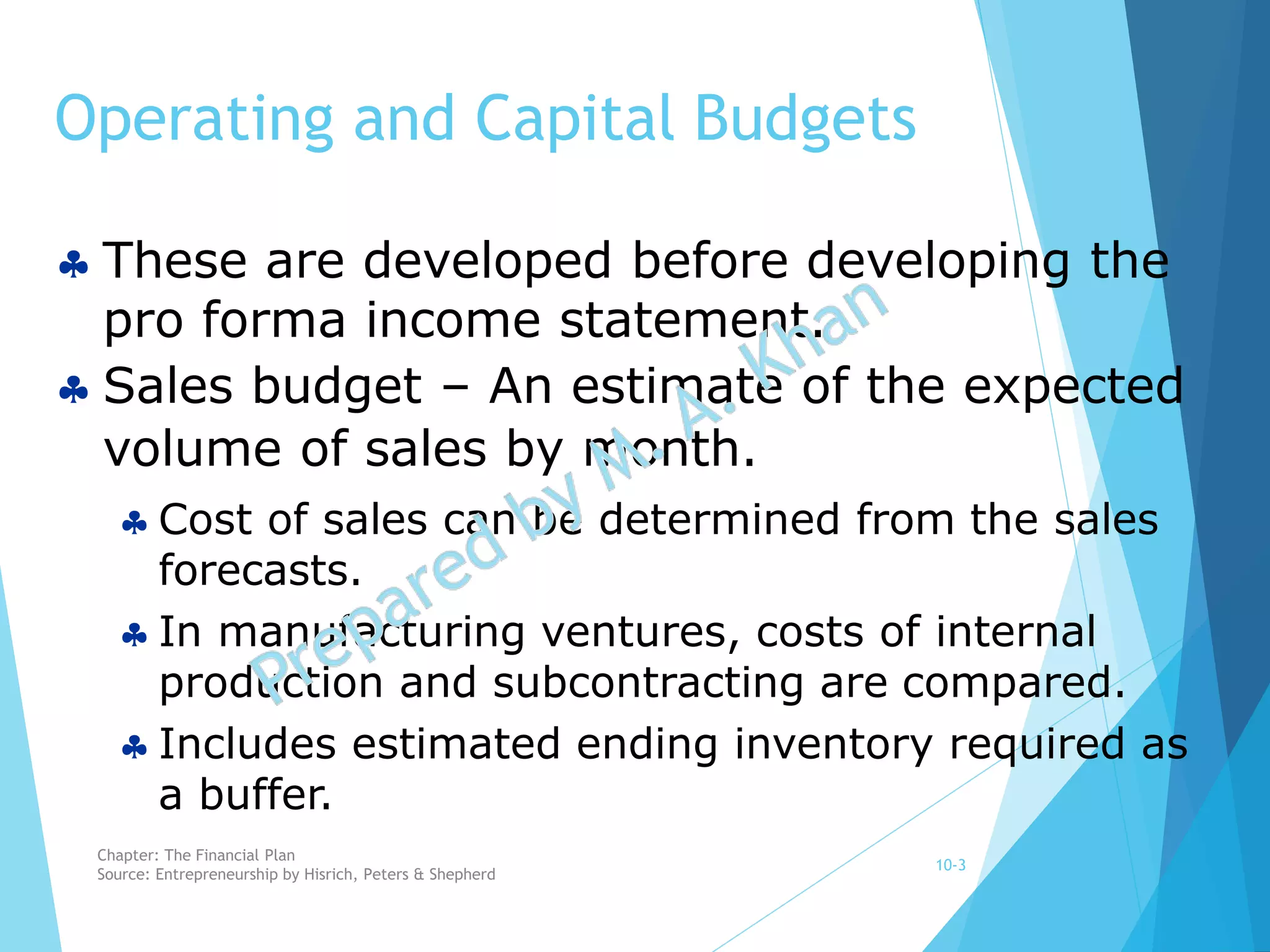 Operating and Capital Budgets
10-3
 These are developed before developing the
pro forma income statement.
 Sales budget – An estimate of the expected
volume of sales by month.
 Cost of sales can be determined from the sales
forecasts.
 In manufacturing ventures, costs of internal
production and subcontracting are compared.
 Includes estimated ending inventory required as
a buffer.
Chapter: The Financial Plan
Source: Entrepreneurship by Hisrich, Peters & Shepherd
 