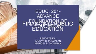 EDUC. 201-
ADVANCE
FOUNDATION OF
EDUCATION
FINANCING PUBLIC
EDUCATION
REPORTERS:
ANALYN B. PUNZALAN
MARICEL B. DIOSABAN
 
