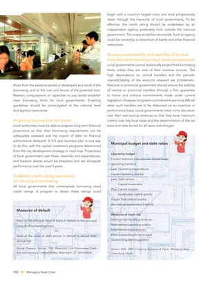 begin with a country’s largest cities and work progressively
                                                                      down through the hierarchy of local governments. To be
                                                                      effective, the credit rating should be undertaken by an
                                                                      independent agency, preferably from outside the national
                                                                      government. The scope would be nationwide. Such an agency
                                                                      could be owned by a consortium of banks and other ﬁnancial
                                                                      institutions.


                                                                      Ensure predictability and stability of central
                                                                      transfers and maximize local revenue potential
                                                                      Local governments cannot realistically project their borrowing
                                                                      limits unless they are sure of their revenue sources. The
                                                                      high dependence on central transfers and the periodic
                                                                      unpredictability of the amounts released are problematic.
those from the assets acquired or developed as a result of the        National or provincial government should ensure the stability
borrowing, and to the cost and tenure of the potential loan.          of central or provincial transfers through a ﬁrm guarantee
Realistic computations of capacities to pay would establish           to honor and enforce commitments made under current
clear borrowing limits for local governments. Enabling                legislation. However, long-term commitments are more difﬁcult
guidelines should be promulgated at the national level                when such transfers are to be disbursed on an incentive or
and applied nationwide.                                               performance basis. Local governments need more discretion
                                                                      over their own-source revenues so that they have maximum
Projecting ﬁnances into the future                                    control over key local taxes and the determination of the tax
Local authorities must be able to prepare long-term ﬁnancial          base and rates levied for all taxes and charges.
projections so that their borrowing requirements can be
adequately assessed and the impact of debt on ﬁnancial
performance deduced. A 3–5 year business plan is one way
                                                                         Municipal budget and debt ratios
to do this, with the capital investment programs determined
from the city development strategy or road map. Projections
                                                                         Operating budget
of local government cash ﬂows, revenues and expenditures,
                                                                         Current revenues (own sources, shared taxes,
and balance sheets would be prepared and set alongside
                                                                         operating transfers)
performance over the past 5 years.
                                                                         Less: Operating expenditures
                                                                         Equals Operating surplus
Establish credit-rating mechanics
                                                                         Less: Debt service
for municipal borrowing
                                                                               Capital investment
All local governments that contemplate borrowing need
                                                                         Plus: Capital receipts
credit ratings. A program to obtain these ratings could
                                                                               (asset sales, capital grants)
                                                                         Equals Total (deﬁcit) surplus
                                                                         [Borrowing requirement if deﬁcit]

  Measures of default
                                                                         Measures of credit risk

  Ratio of the principal value of loans in default to the principal      Debt service/recurring revenues

  value of all outstanding loans.                                        Debt service/operating surplus

                                    Or                                   Debt service/total revenue

  Ratio of the value of debt service in default to annual debt           Debt outstanding/local tax base

  service due.                                                           Outstanding debt/population

  Source: Peterson, George. 1998. Measuring Local Government Credit      Source: ADB. 2007. Financing Background Paper, Managing Asian
  Risk and Improving Creditworthiness. Washington, DC: World Bank.       Cities Study. Manila.




182       Managing Asian Cities
 