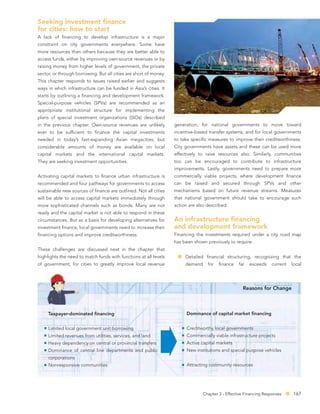 Seeking investment ﬁnance
for cities: how to start
A lack of ﬁnancing to develop infrastructure is a major
constraint on city governments everywhere. Some have
more resources than others because they are better able to
access funds, either by improving own-source revenues or by
raising money from higher levels of government, the private
sector, or through borrowing. But all cities are short of money.
This chapter responds to issues raised earlier and suggests
ways in which infrastructure can be funded in Asia’s cities. It
starts by outlining a ﬁnancing and development framework.
Special-purpose vehicles (SPVs) are recommended as an
appropriate institutional structure for implementing the
plans of special investment organizations (SIOs) described
in the previous chapter. Own-source revenues are unlikely          generation, for national governments to move toward
ever to be sufﬁcient to ﬁnance the capital investments             incentive-based transfer systems, and for local governments
needed in today’s fast-expanding Asian megacities, but             to take speciﬁc measures to improve their creditworthiness.
considerable amounts of money are available on local               City governments have assets and these can be used more
capital markets and the international capital markets.             effectively to raise resources also. Similarly, communities
They are seeking investment opportunities.                         too can be encouraged to contribute to infrastructure
                                                                   improvements. Lastly, governments need to prepare more
Activating capital markets to ﬁnance urban infrastructure is       commercially viable projects, where development ﬁnance
recommended and four pathways for governments to access            can be raised and secured through SPVs and other
sustainable new sources of ﬁnance are outlined. Not all cities     mechanisms based on future revenue streams. Measures
will be able to access capital markets immediately through         that national government should take to encourage such
more sophisticated channels such as bonds. Many are not            action are also described.
ready and the capital market is not able to respond in these
circumstances. But as a basis for developing alternatives for      An infrastructure ﬁnancing
investment ﬁnance, local governments need to increase their        and development framework
ﬁnancing options and improve creditworthiness.                     Financing the investments required under a city road map
                                                                   has been shown previously to require:
These challenges are discussed next in the chapter that
highlights the need to match funds with functions at all levels         Detailed ﬁnancial structuring, recognizing that the
of government, for cities to greatly improve local revenue              demand     for   ﬁnance    far   exceeds    current   local




                                                                                                     Reasons for Change



     Taxpayer-dominated ﬁnancing                                         Dominance of capital market ﬁnancing


     Limited local government unit borrowing                             Creditworthy local governments
     Limited revenues from utilities, services, and land                 Commercially viable infrastructure projects
     Heavy dependency on central or provincial transfers                 Active capital markets
     Dominance of central line departments and public                    New institutions and special purpose vehicles
     corporations
     Nonresponsive communities                                           Attracting community resources




                                                                                 Chapter 3 - Effective Financing Responses    167
 