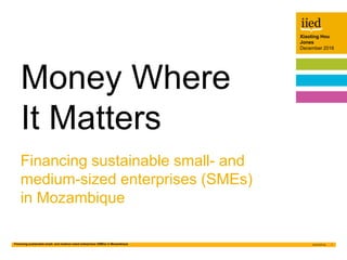 Financing sustainable small- and medium-sized enterprises (SMEs) in Mozambique 1
Xiaoting Hou
Jones
December 2016
Author name
Date
Xiaoting Hou
Jones
December 2016
Financing sustainable small- and
medium-sized enterprises (SMEs)
in Mozambique
Money Where
It Matters
 
