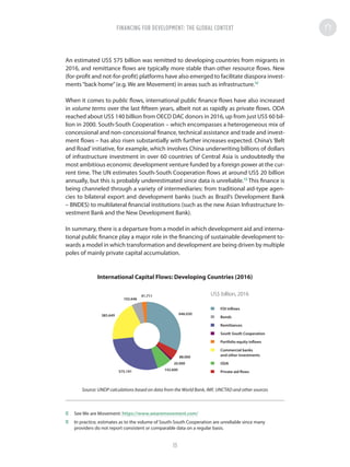 An estimated US$ 575 billion was remitted to developing countries from migrants in
2016, and remittance flows are typically more stable than other resource flows. New
(for-profit and not-for-profit) platforms have also emerged to facilitate diaspora invest-
ments“back home”(e.g. We are Movement) in areas such as infrastructure.12
When it comes to public flows, international public finance flows have also increased
in volume terms over the last fifteen years, albeit not as rapidly as private flows. ODA
reached about US$ 140 billion from OECD DAC donors in 2016, up from just US$ 60 bil-
lion in 2000. South-South Cooperation – which encompasses a heterogeneous mix of
concessional and non-concessional finance, technical assistance and trade and invest-
ment flows – has also risen substantially with further increases expected. China’s ‘Belt
and Road’initiative, for example, which involves China underwriting billions of dollars
of infrastructure investment in over 60 countries of Central Asia is undoubtedly the
most ambitious economic development venture funded by a foreign power at the cur-
rent time. The UN estimates South-South Cooperation flows at around US$ 20 billion
annually, but this is probably underestimated since data is unreliable.13
This finance is
being channeled through a variety of intermediaries: from traditional aid-type agen-
cies to bilateral export and development banks (such as Brazil’s Development Bank
– BNDES) to multilateral financial institutions (such as the new Asian Infrastructure In-
vestment Bank and the New Development Bank).
In summary, there is a departure from a model in which development aid and interna-
tional public finance play a major role in the financing of sustainable development to-
wards a model in which transformation and development are being driven by multiple
poles of mainly private capital accumulation.
International Capital Flows: Developing Countries (2016)
Source: UNDP calculations based on data from the World Bank, IMF, UNCTAD and other sources
12	 See We are Movement: https://www.wearemovement.com/
13	 In practice, estimates as to the volume of South-South Cooperation are unreliable since many
providers do not report consistent or comparable data on a regular basis.
US$ billion, 2016
646.030
575.191
385.649
102.646
41.711
88.000
20.000
142.600
FDI inflows
Bonds
Remittances
South South Cooperation
Portfolio equity inflows
ODA
Private aid flows
Commercial banks
and other investments
FINANCING FOR DEVELOPMENT: THE GLOBAL CONTEXT
15
 