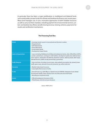 In particular there has been a major proliferation in multilateral and bilateral funds
(and mixed public-private funds) for climate and biodiversity finance over recent years.
Many fund managers use, in turn, innovative approaches to both mobilize resources
as well as carry out their mandate, including payment for environmental services, car-
bon and biodiversity offsets, benefit-sharing/revenue-sharing schemes, payments for
results and certification mechanisms.
The Financing Tool-Box
Source: UNDP (2015)
Bonds • Sovereign bonds issued on international and domestic markets
• Diaspora bonds
• GDP-linked bonds
• Green/blue bonds
• Social impact bonds
• Development impact bonds
Loans and guarantees • Loans (Including: Multilateral and bilateral development banks, other official flows (OOFs),
counter-cyclical loans, contingent credit facilities, development policy loan deferred draw-
down options, catastrophe risk deferred, drawdown options, debt buy backs, debt-swaps,
blended finance, public-private partnerships, guarantees)
Public Revenue • Taxes and levies (Including: income taxes, value added/consumption tax, property taxes,
tariffs, green taxes, domestic financial transaction tax, airline ticket tax)
Insurance • Weather index-based insurance
• Catastrophe Risk Insurance Facility
Funds • Vertical Funds (e.g. GAVI Alliance, Global Fund and UNITAID, Adaptation Fund, Global
Environment Facility, Green Climate Fund, Securities and structured funds)
• Microfinance investment funds
Grants • Official Development Assistance (ODA)
• Philanthropic and other private donations
FINANCING FOR DEVELOPMENT: THE GLOBAL CONTEXT
25
 
