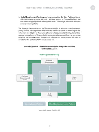 6.	 Global Development Advisory and Implementation Services Platform: to pro-
vide high-quality technical and policy advisory support to Country Platforms and
UNDP’s country programmes and support UNDP’s knowledge, innovation and part-
nership-building efforts.
The Strategic Plan underscores UNDP’s core strengths: as a connector and convener,
policy advisor, service provider and innovator. UNDP’s support on financing for de-
velopment should play to these strengths and help countries to identify, plan and se-
quence various forms of finance, build partnerships between different actors to tap
expertise and networks, make finance more effective and ‘results’ driven, and pilot in-
novations. This is where UNDP’s‘value-added’lies.
UNDP’s Approach: Two Platforms to Support Integrated Solutions
for the 2030 Agenda
Source: UNDP Strategic Plan 2018-2021
Working in Partnership
National
Governments
IFIs, Inter-
Governmental
Bodies
Country Support Platform Global Development Service Platform
Private
Sector
UNDP
UNDS
Civil
Society
COUNTRY LEVEL SUPPORT ON FINANCING FOR SUSTAINABLE DEVELOPMENT
42
 