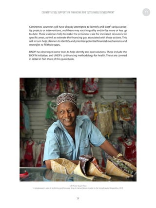 Sometimes countries will have already attempted to identify and “cost” various prior-
ity projects or interventions, and these may vary in quality and/or be more or less up
to date. These exercises help to make the economic case for increased resources for
specific areas, as well as estimate the financing gap associated with those actions. This
will in turn help planners to identify and prioritize potential financial mechanisms and
strategies to fill those gaps.
UNDP has developed some tools to help identify and cost solutions. These include the
BIOFIN Initiative; and UNDP’s co-financing methodology for health. These are covered
in detail in Part three of this guidebook.
UN Photo Stuart Price
A shopkeeper is seen in a clothing and footwear shop in Hamar Weyne market in the Somali capital Mogadishu, 2013
COUNTRY LEVEL SUPPORT ON FINANCING FOR SUSTAINABLE DEVELOPMENT
54
 
