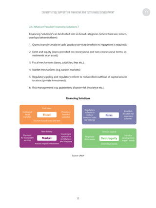 2.5. What are Possible Financing‘Solutions’?
Financing“solutions”can be divided into six broad categories (where there are, in turn,
overlaps between them):
1.	 Grants (transfers made in cash, goods or services for which no repayment is required);
2.	 Debt and equity (loans provided on concessional and non-concessional terms; in-
vestments in an asset);
3.	 Fiscal mechanisms (taxes, subsidies, fees etc.);
4.	 Market mechanisms (e.g. carbon markets);
5.	 Regulatory (policy and regulatory reform to reduce illicit outflows of capital and/or
to attract private investment);
6.	 Risk management (e.g. guarantees, disaster-risk insurance etc.).
Financing Solutions
Source: UNDP
Fiscal
Ecological
fiscal
transfers
Fuel taxes
Tourism-based taxes and fees
Phase out
harmful
subsidies
Market
Payment
for ecosystem
services
New lottery
Attract impact investment
Investment
options for
remittances
and diaspora
Debt/equity
Negotiate
debt swaps
Venture capital
Green/blue bonds
Social or
development
impact bonds
Risks
Regulatory
reforms to
reduce
investors' risks
(de-risking)
Establish
disaster-risk
insurance
schemes
COUNTRY LEVEL SUPPORT ON FINANCING FOR SUSTAINABLE DEVELOPMENT
58
 