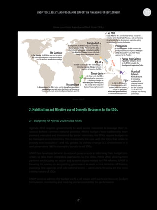 How countries have benefited from DFAs
Source: UNDP
2. Mobilization and Effective use of Domestic Resources for the SDGs
2.1. Budgeting for Agenda 2030 in Asia-Pacific
Agenda 2030 requires governments to work across ministries to leverage their re-
sources behind common national priorities. Whilst budgets have traditionally been
planned, executed and monitored by ‘sector’ ministries, the SDGs require budgets to
be managed across ministries. This is especially the case with the SDGs that relate to
poverty and inequality (1 and 10), gender (5), climate change (13), environment (15)
and governance (16) for examples, but also to all SDGs.
UNDP has developed services to support governments in reforming their budget pro-
cesses to take more integrated approaches to the SDGs. While other development
partners are focusing on sector and systemic issues related to PFM reforms, UNDP is
focusing its services on supporting government to work across ministries of finance,
planning, line agencies and sub-national actors – particularly focusing on the cross
cutting nature of SDGs.
UNDP services address the budget cycle at all stages with particular focus on budget
formulation, monitoring and tracking and accountability for performance.
Development Finance assessment anD integrateD Financing solutions8
Figure 1.7: How countries have benefited from DFAs
Just as important as the DFa (which is phase 1, as illustrated in Figure 1.2) are the actions taken forward as
determined by relevant government actors based on the recommendations. in order to support governments in
devising financing solutions to attract and direct investments to areas where greatest results can be achieved, and
ensuring attendant institutional structures and policy frameworks are in place, the DFa is a starting point.
Developing targeted approaches and tools for ensuring finance links with results, within the framework of an inFF,
will be key. examples of action-oriented tools and support that are included in phase 2 (integrated Financing
solutions):
• UNDP Financing Solutions for Sustainable Development toolkit: this toolkit is a compass to navigate across
financing solutions for investments in the sDgs. it describes their potential advantages, disadvantages, risks
and characteristics and offers solutions according to desired results (avoid future expenditures, deliver better,
generate revenues, or realign expenditures)
• Financing Agenda 2030 – UNDP Handbook: advice and information on financing for development, and the
tools and services that unDp currently offers in this area (forthcoming)
• Impact investment: Blended finance offers the opportunity to scale up commercial financing and channel
such financing toward investments with development impact, such as through the un social impact Fund
• Budgeting for the SDGs: unDp offers services to governments to reform their budget processes to take more
integrated approaches, given the cross-cutting nature of the sDgs
• Management Information Systems (MIS) for the Changing Development Cooperation Landscape: unDp
has developed guidance for governments to strengthen mis to inform policy decisions on the allocation of
diverse public, private, external, and domestic development resources
Philippines
In the Philippines, the DFA informed the
Development Finance Chapter of Ambisyon
2040, the country’s Long Term Vision
approved by the President
Papua New Guinea
Papua New Guinea has drawn
on the DFA to formulate the
Development Cooperation Policy
Timor-Leste
In Timor-Leste, the DFA is
informing how the government
is exploring strategies for
diversifying the economy using
the concept of the Integrated
National Financing Framework
Mozambique
In Mozambique, the DFA is being used to strengthen government
coordination, especially within the Ministry of Planning and
Finance, with private sector, development partners, and CSOs
Fiji
In Fiji, the DFA aims to
strengthen existing INFF
building blocks and present
options for attracting
private and green financing
as a new area for exploration
Marshall
Islands
Marshall Islands
is increasing
readiness for a
changing financial
landscape using
the DFA to identify
specific financing
strategies and diversify
partnerships
ASEAN
In ASEAN countries, the DFA methodology is
informing regional dialogue between
countries on financing the SDGs
Bangladesh
In Bangladesh, the DFA is being used to develop a
financing strategy for the 7th
Five Year Plan; it has
also informed institutional restructuring within
the Ministry of Finance to more effectively
manage flows of development finance
The Gambia
In The Gambia, the DFA has been used to inform
the national development cooperation dialogue
and its resource mobilisation strategy
Lao PDR
In Lao PDR, the DFA has informed thinking around the
evolution of the Round Table Process, as well as informing
the action plan for the development cooperation policy,
the Vientiane Partnership Declaration
UNDP TOOLS, POLICY AND PROGRAMME SUPPORT ON FINANCING FOR DEVELOPMENT
67
 