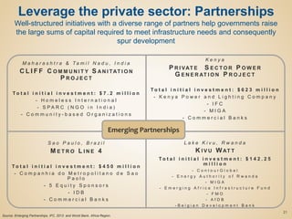 Leverage the private sector: Partnerships
Well-structured initiatives with a diverse range of partners help governments raise
the large sums of capital required to meet infrastructure needs and consequently
spur development
21
M a h a r a s h t r a & T a m i l N a d u , I n d i a
C L I F F C O M M U N I T Y S AN I TAT I O N
P R O J E C T
T o t a l i n i t i a l i n v e s t m e n t : $ 7 . 2 m i l l i o n
- H o m e l e s s I n t e r n a t i o n a l
- S P A R C ( N G O i n I n d i a )
- C o m m u n i t y - b a s e d O r g a n i z a t i o n s
K e n y a
P R I VAT E S E C T O R P O W E R
G E N E R AT I O N P R O J E C T
T o t a l i n i t i a l i n v e s t m e n t : $ 6 2 3 m i l l i o n
- K e n y a P o w e r a n d L i g h t i n g C o m p a n y
- I F C
- M I G A
- C o m m e r c i a l B a n k s
S a o P a u l o , B r a z i l
M E T R O L I N E 4
T o t a l i n i t i a l i n v e s t m e n t : $ 4 5 0 m i l l i o n
- C o m p a n h i a d o M e t r o p o l i t a n o d e S a o
P a o l o
- 5 E q u i t y S p o n s o r s
- I D B
- C o m m e r c i a l B a n k s
L a k e K i v u , R w a n d a
K I V U WAT T
T o t a l i n i t i a l i n v e s t m e n t : $ 1 4 2 . 2 5
m i l l i o n
- C o n t o u r G l o b a l
- E n e r g y A u t h o r i t y o f R w a n d a
- M I G A
- E m e r g i n g A f r i c a I n f r a s t r u c t u r e F u n d
- F M O
- A f D B
- B e l g i a n D e v e l o p m e n t B a n k
Source: Emerging Partnerships, IFC, 2013 and World Bank, Africa Region.
Emerging Partnerships
 