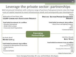 Leverage the private sector: partnerships
Well-structured initiatives with a diverse range of partners help governments raise the large
sums of capital required to meet infrastructure needs and consequently spur development
16
Maharashtra & Tamil Nadu, India
CLIFF COMMUNITY SANITATION PROJECT
Total initial investment: $7.2 million
- Homeless International
- SPARC (NGO in India)
- Community-based Organizations
Kenya
PRIVATE SECTOR POWER GENERATION
PROJECT
Total initial investment: $623 million
- Kenya Power and Lighting Company
- IFC
- MIGA
- Commercial Banks
Sao Paulo, Brazil
METRO LINE 4
Total initial investment: $450 million
- Companhia do Metropolitano de Sao Paolo
- 5 Equity Sponsors
- IDB
- Commercial Banks
Lake Kivu, Rwanda
KIVU WATT
Total initial investment: $142.25 million
- ContourGlobal
- Energy Authority of Rwanda
- MIGA
- Emerging Africa Infrastructure Fund
- FMO
- AfDB
- Belgian Development Bank
Source: Emerging Partnerships, IFC, 2013 and World Bank, Africa Region.
Emerging
Partnerships
 