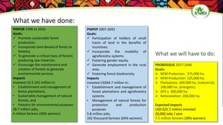 What we have done:
PINFOR 1998 to 2016
Goals:
 Promote sustainable forest
production.
 Incorporate land devoid of forest...