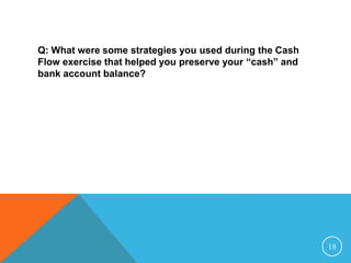 Q: What were some strategies you used during the Cash
Flow exercise that helped you preserve your “cash” and
bank account balance?
18
 