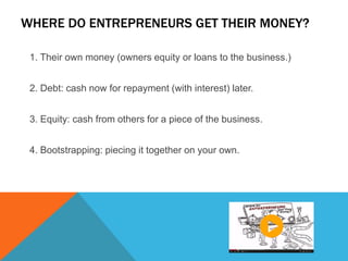 WHERE DO ENTREPRENEURS GET THEIR MONEY?
1. Their own money (owners equity or loans to the business.)
2. Debt: cash now for repayment (with interest) later.
3. Equity: cash from others for a piece of the business.
4. Bootstrapping: piecing it together on your own.
 