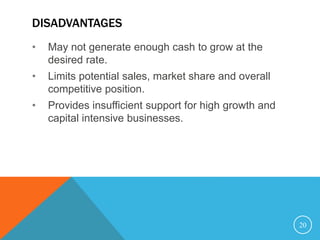 DISADVANTAGES
• May not generate enough cash to grow at the
desired rate.
• Limits potential sales, market share and overall
competitive position.
• Provides insufficient support for high growth and
capital intensive businesses.
20
 