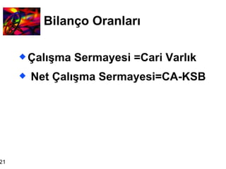 Bilanço Oranları Çalışma Sermayesi =Cari Varlık Net Çalışma Sermayesi=CA-KSB 
