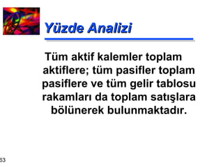Yüzde Analizi Tüm aktif kalemler toplam aktiflere; tüm pasifler toplam pasiflere ve tüm gelir tablosu rakamları da toplam satışlara bölünerek bulunmaktadır. 