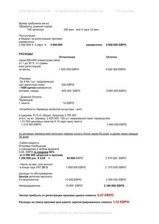 EURODETECTIVE OÜ            EURODETECTIVE.OY@EESTI.EE                   +372 58114962


Время требуемое им на
Обработку дневной нормы
     100 запросов                  250 мин. или 4 часа 15 мин.

Поступление
в бюджет за регистрацию пропажи
ежемесячно
2 500 000 Х 2 евро =   5 000 000                     ежемесячно    5 000 000 ЕВРО


РАСХОДЫ
                             Отчисления                            Остаток
серия 800-900 операторам связи
от 1 до 30 % от суммы
всех регистраций
за месяц.                    1 000 000 ЕВРО                        4 000 000 ЕВРО


-Реклама
 3м Х 6м 1шт. придорожный
щит месячный показ              500 ЕВРО
- 1000 щитов ежемесячно
оптовая скидка                  450 000 ЕВРО                       3 650 000 ЕВРО

- Дневная Оплата
Переводов
1 пакета                           10 ЕВРО

-потребность перевода запросов на ед.язык - англ.

в среднем 70 % от общих запросов 3 750 000
итого на яз. перевод 2 625 000: 125 шт. ежедневный пакет переводчика
 = 21 000 ценновых пакетов Х 10 евро цену пакета
  = 210 000 ЕВРО                                                  3 440 000 ЕВРО


по договору переводчики получают первую оплату после через 60 дней и далее через каждые
30 дней.

-Себестоимость
Отправки Сообщений
о совпадении в любом формате
0.05 ЕВРО (в среднем 50%
 от 2 500 000 запросов о пропаже
1 250 000 раз Х 0,05 =               65 000 ЕВРО                  3 375 000 ЕВРО

-Налог за мес. для выплат
в конце года VAT 20 %               1 000 000 ЕВРО                2 375 000 ЕВРО

расходы по обслуживанию
Центра включая зарплаты
4 специалистов                      10 000 ЕВРО                    2 365 000 ЕВРО

Непредвиденное                      15 000 ЕВРО                   2 350 000 ЕВРО


Чистая прибыль от регистрации пропажи одного клиента 0,47 ЕВРО

Расходы на поиск пропажи для одного зарегистрированного клиента 1,53 ЕВРО



               PROJECT by DANIIL & ALEKSANDER KRIMANOV
 
