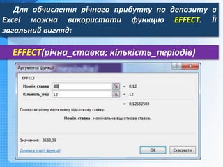 Для обчислення річного прибутку по депозиту в
Excel можна використати функцію EFFECT. Її
загальний вигляд:
EFFECT(річна_ставка; кількість_періодів)
 