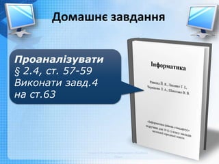 Чашук О.Ф., вчитель інформатики ЗОШ№23,
Луцьк
Домашнє завдання
Проаналізувати
§ 2.4, ст. 57-59
Виконати завд.4
на ст.63
 
