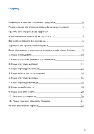 Садржај

Финансијска анализа пословања предузећа	

4

Рацио анализа као једна од метода финансијске анaлизе	

4

Правила финансирања као теоријски
основ оптималне финансијске структуре	

5

Вертикална правила финансирања	

6

Хоризонтална правила финансирања	

7

Квантифицирање и аналитичка интерпретација рацио бројева	

9

1. Рациа ликвидности	

10

2. Рациа дугорочне финансисјке равнотеже	

11

3. Рациа структуре имовине	

11

4. Рациа структуре капитала	

13

5. Рациа ефикасности управљања	

14

6. Рациа структуре расхода	

16

7. Рациа структуре прихода	

18

8. Рациа рентабилности	

18

9. Рациа економичности	

20

10. Рациа продуктивности	

20

11. Рациа тржишне вредности (акција)	

21

Речник економских појмова	

23

3

 