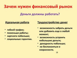 18
Зачем нужен финансовый рынок
Идеальная работа Трудоустройство денег
• гибкий график;
• поменьше работы;
• зарплата побольше;
• социальные гарантии.
Деньги должны работать?
• возможность забрать деньги
или добавить еще в любой
момент;
• возможность устроить
небольшие деньги;
• доходность побольше;
• не беспокоиться о
сохранности.
 
