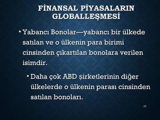 FİNANSAL PİYASALARINFİNANSAL PİYASALARIN
GLOBALLEŞMESİGLOBALLEŞMESİ
• Yabancı Bonolar—yabancı bir ülkedeYabancı Bonolar—yabancı bir ülkede
satılan ve o ülkenin para birimisatılan ve o ülkenin para birimi
cinsinden çıkartılan bonolara verilencinsinden çıkartılan bonolara verilen
isimdir.isimdir.
• Daha çok ABD irketlerinin di erş ğDaha çok ABD irketlerinin di erş ğ
ülkelerde o ülkenin parası cinsindenülkelerde o ülkenin parası cinsinden
satılan bonoları.satılan bonoları.
25
 