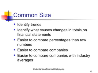 Identify trends Identify what causes changes in totals on financial statements Easier to compare percentages than raw numbers Easier to compare companies Easier to compare companies with industry averages Common Size Understanding Financial Statements 