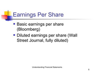 Earnings Per Share Basic earnings per share (Bloomberg) Diluted earnings per share (Wall Street Journal, fully diluted) Understanding Financial Statements 