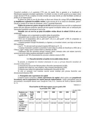 Transferul profitului şi al capitalului CTN este, de regulă, liber şi garantat şi se încadrează în
liberalizarea regimului circulaŃiei capitalurilor. FacilităŃile acordate de Ńările gazdă au un impact minor
asupra deciziei CTN de a amplasa investiŃii orientate spre piaŃa internă, pe când facilităŃile acordate pe
produs au un impact pozitiv.
       În ultimii ani, Ńările în curs de dezvoltare au făcut mari eforturi de a atrage ISD prin liberalizarea
şi simplificarea regimului investiŃiilor străine şi prin trecerea de la un sistem de stimulente „pasive”
(fiscale şi vamale) la un sistem de stimulente „active” (asistenŃă financiară).
       Politica de promovare pentru atragerea de ISD înseamnă promovarea unei Ńări ca amplasament
pentru ISD prin aplicarea politicilor speciale privind regimul investiŃiilor străine care se realizează prin
intermediul instituŃiilor specializate în acest scop.
       MutaŃiile care au avut loc pe piaŃa investiŃiilor străine directe în ultimii 15-20 de ani sunt
următoarele:
       • ISD depăşesc net ca importanŃă investiŃiile străine de portofoliu;
       • principalul mare investitor, dar şi beneficiar îl reprezintă SUA;
       • SUA are rol preponderat, atât ca „Ńară sursă”, cât şi ca „Ńară gazdă” a ISD, în comparaŃie cu
celelalte Ńări cu economie de piaŃă;
       • creşterea ponderii Europei Occidentale şi a Japoniei, ca investitori externi, care deja au devansat
ISD americane;
       • axa N – N a devenit mult mai atractivă pentru ISD decât axa N – S;
       • creşterea însemnată a ponderii economiilor în dezvoltare în calitate de beneficiari ai ISD; dar şi
China şi „tigrii” asiatici cunosc creşteri relative şi absolute ale ISD;
       • deplasarea ISD din sectoarele primare (minerit, petrol, extracŃie) către cele terŃiare (servicii);
sectorul serviciilor deŃine ponderea principală în cadrul ISD;
       • apariŃia în anii’ 80 a fenomenului de conversie a datoriei externe în ISD.

                     8.4. Fluxurile intrărilor şi ieşirilor de investiŃii străine directe
      În prezent, se desprind trei trăsături dominante în ceea ce priveşte fluxurile mondiale de
investiŃii străine directe:
      1) intensificarea într-un ritm fără precedent a fluxurilor internaŃionale de ISD;
      2) apariŃia unor relaŃii noi, mai complexe, între comerŃul internaŃional şi ISD;
      3) iniŃierea unor măsuri de reglementare multilaterală a fluxurilor de ISD.
      În cele ce urmează vom examina succint aceste tendinŃe prin prisma factorilor care
direcŃionează dinamica ISD.
       A. Principalele state exportatoare de capital
       Conform teoriei economice, statele exportatoare de capital, adică acelea care propulsează
investitorii, sunt în majoritatea lor statele puternic industrializate. Astfel, principalele zone de
provenienŃă a investiŃiilor directe sunt: Europa de Vest, U.E., America de Nord şi Japonia (tabelul
nr. 1).
                                                                                                Tabelul nr. 1
                         Fluxul ieşirilor de ISD după regiunea sau Ńara gazdă a ISD
                                           în perioada 1992 - 2003
                                                                                              = în mln USD=
        Regiunea sau      Media      1998        1999         2000        2001        2002    2003
         economia         anuală
        gazdă a ISD        1992-
                           1997
       Total             328.248    687.240   1.092.279    1.186.838    721.501    596.487   612.201
       mondial
       I .Total          275.716    631.478   1.014.331    1.083.885    658.094    547.603   569.577
       regiuni şi Ńări
       cu economii
       dezvoltate,
       din care:
 
