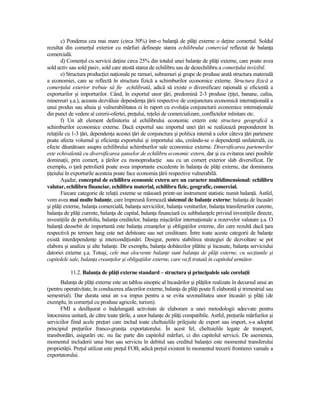 c) Ponderea cea mai mare (circa 50%) într-o balanŃă de plăŃi externe o deŃine comerŃul. Soldul
rezultat din comerŃul exterior cu mărfuri defineşte starea echilibrului comercial reflectat de balanŃa
comercială.
        d) ComerŃul cu servicii deŃine circa 25% din totalul unei balanŃe de plăŃi externe, care poate avea
sold activ sau sold pasiv, sold care atestă starea de echilibru sau de dezechilibru a comerŃului invizibil.
        e) Structura producŃiei naŃionale pe ramuri, subramuri şi grupe de produse arată structura materială
a economiei, care se reflectă în structura fizică a schimburilor economice externe. Structura fizică a
comerŃului exterior trebuie să fie echilibrată, adică să existe o diversificare raŃională şi eficientă a
exporturilor şi importurilor. Când, în exportul unor Ńări, predomină 2-3 produse (ŃiŃei, banane, cafea,
minereuri ş.a.), aceasta dezvăluie dependenŃa Ńării respective de conjunctura economică internaŃională a
unui produs sau altuia şi vulnerabilitatea ei în raport cu evoluŃia conjuncturii economice internaŃionale
din punct de vedere al cererii-ofertei, preŃului, reŃelei de comercializare, conflictelor mlnitare etc.
        f) Un alt element definitoriu al echilibrului economic extern este structura geografică a
schimburilor economice externe. Dacă exportul sau importul unei Ńări se realizează preponderent în
relaŃiile cu 1-3 Ńări, dependenŃa acestei Ńări de conjunctura şi politica internă a celor câteva Ńări partenere
poate afecta volumul şi eficienŃa exportului şi importului său, creându-se o dependenŃă unilaterală, cu
efecte dăunătoare asupra echilibrului schimburilor sale economice externe. Diversificarea partenerilor
este echivalentă cu diversificarea şanselor de echilibru economic extern, dar şi cu evitarea unei posibile
dominaŃii, prin comerŃ, a Ńărilor cu monoproducŃie sau cu un comerŃ exterior slab diversificat. De
exemplu, o Ńară petrolieră poate avea importante excedente în balanŃa de plăŃi externe, dar dominarea
ŃiŃeiului în exporturile acesteia poate face economia Ńării respective vulnerabilă.
        Aşadar, conceptul de echilibru economic extern are un caracter multidimensional: echilibru
valutar, echilibru financiar, echilibru material, echilibru fizic, geografic, comercial.
        Fiecare categorie de relaŃii externe se măsoară printr-un instrument statistic numit balanŃă. Astfel,
vom avea mai multe balanŃe, care împreună formează sistemul de balanŃe externe: balanŃa de încasări
şi plăŃi externe, balanŃa comercială, balanŃa serviciilor, balanŃa veniturilor, balanŃa transferurilor curente,
balanŃa de plăŃi curente, balanŃa de capital, balanŃa financiară cu subbalanŃele privind investiŃiile directe,
investiŃiile de portofoliu, balanŃa creditelor, balanŃa mişcărilor internaŃionale a rezervelor valutare ş.a. O
balanŃă deosebit de importantă este balanŃa creanŃelor şi obligaŃiilor externe, din care rezultă dacă Ńara
respectivă pe termen lung este net debitoare sau net creditoare. Între toate aceste categorii de balanŃe
există interdependenŃe şi intercondiŃionări. Desigur, pentru stabilirea strategiei de dezvoltare se pot
elabora şi analiza şi alte balanŃe. De exemplu, balanŃa dobânzilor plătite şi încasate, balanŃa serviciului
datoriei externe ş.a. Totuşi, cele mai elocvente balanŃe sunt balanŃa de plăŃi externe, cu secŃiunile şi
capitolele sale, balanŃa creanŃelor şi obligaŃiilor externe, care va fi tratată în capitolul următor.

           11.2. BalanŃa de plăŃi externe standard – structura şi principalele sale corelaŃii
      BalanŃa de plăŃi externe este un tablou sinoptic al încasărilor şi plăŃilor realizate în decursul unui an
(pentru operativitate, în conducerea afacerilor externe, balanŃa de plăŃi poate fi elaborată şi trimestrial sau
semestrial). Dar durata unui an s-a impus pentru a se evita sezonalitatea unor încasări şi plăŃi (de
exemplu, în comerŃul cu produse agricole, turism).
      FMI a desfăşurat o îndelungată activitate de elaborare a unei metodologii adecvate pentru
întocmirea unitară, de către toate Ńările, a unor balanŃe de plăŃi compatibile. Astfel, preŃurile mărfurilor şi
serviciilor fiind acele preŃuri care includ toate cheltuielile prilejuite de export sau import, s-a adoptat
principiul preŃurilor franco-graniŃa exportatorului. În acest fel, cheltuielile legate de transport,
transbordări, asigurări etc. nu fac parte din capitolul mărfuri, ci din capitolul servicii. De asemenea,
momentul includerii unui bun sau serviciu în debitul sau creditul balanŃei este momentul transferului
proprietăŃii. PreŃul utilizat este preŃul FOB, adică preŃul existent în momentul trecerii frontierei vamale a
exportatorului.
 