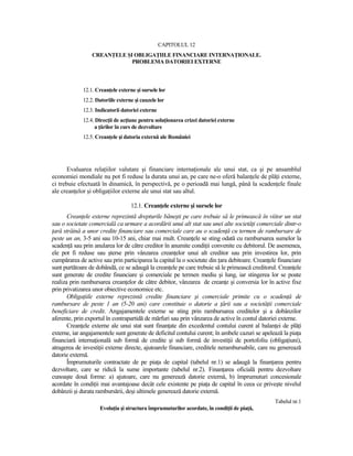 CAPITOLUL 12
                 CREANłELE ŞI OBLIGAłIILE FINANCIARE INTERNAłIONALE.
                             PROBLEMA DATORIEI EXTERNE



             12.1. CreanŃele externe şi sursele lor
             12.2. Datoriile externe şi cauzele lor
             12.3. Indicatorii datoriei externe
             12.4. DirecŃii de acŃiune pentru soluŃionarea crizei datoriei externe
                   a Ńărilor în curs de dezvoltare
             12.5. CreanŃele şi datoria externă ale României




       Evaluarea relaŃiilor valutare şi financiare internaŃionale ale unui stat, ca şi pe ansamblul
economiei mondiale nu pot fi reduse la durata unui an, pe care ne-o oferă balanŃele de plăŃi externe,
ci trebuie efectuată în dinamică, în perspectivă, pe o perioadă mai lungă, până la scadenŃele finale
ale creanŃelor şi obligaŃiilor externe ale unui stat sau altul.

                                   12.1. CreanŃele externe şi sursele lor
       CreanŃele externe reprezintă drepturile băneşti pe care trebuie să le primească în viitor un stat
sau o societate comercială ca urmare a acordării unui alt stat sau unei alte societăŃi comerciale dintr-o
Ńară străină a unor credite financiare sau comerciale care au o scadenŃă cu termen de rambursare de
peste un an, 3-5 ani sau 10-15 ani, chiar mai mult. CreanŃele se sting odată cu rambursarea sumelor la
scadenŃă sau prin anularea lor de către creditor în anumite condiŃii convenite cu debitorul. De asemenea,
ele pot fi reduse sau şterse prin vânzarea creanŃelor unui alt creditor sau prin investirea lor, prin
cumpărarea de active sau prin participarea la capital la o societate din Ńara debitoare. CreanŃele financiare
sunt purtătoare de dobândă, ce se adaugă la creanŃele pe care trebuie să le primească creditorul. CreanŃele
sunt generate de credite financiare şi comerciale pe termen mediu şi lung, iar stingerea lor se poate
realiza prin rambursarea creanŃelor de către debitor, vânzarea de creanŃe şi conversia lor în active fixe
prin privatizarea unor obiective economice etc.
       ObligaŃiile externe reprezintă credite financiare şi comerciale primite cu o scadenŃă de
rambursare de peste 1 an (5-20 ani) care constituie o datorie a Ńării sau a societăŃii comerciale
beneficiare de credit. Angajamentele externe se sting prin rambursarea creditelor şi a dobânzilor
aferente, prin exportul în contrapartidă de mărfuri sau prin vânzarea de active în contul datoriei externe.
       CreanŃele externe ale unui stat sunt finanŃate din excedentul contului curent al balanŃei de plăŃi
externe, iar angajamentele sunt generate de deficitul contului curent; în ambele cazuri se apelează la piaŃa
financiară internaŃională sub formă de credite şi sub formă de investiŃii de portofoliu (obligaŃiuni),
atragerea de investiŃii externe directe, ajutoarele financiare, creditele nerambursabile, care nu generează
datorie externă.
       Împrumuturile contractate de pe piaŃa de capital (tabelul nr.1) se adaugă la finanŃarea pentru
dezvoltare, care se ridică la sume importante (tabelul nr.2). FinanŃarea oficială pentru dezvoltare
cunoaşte două forme: a) ajutoare, care nu generează datorie externă, b) împrumuturi concesionale
acordate în condiŃii mai avantajoase decât cele existente pe piaŃa de capital în ceea ce priveşte nivelul
dobânzii şi durata rambursării, deşi ultimele generează datorie externă.
                                                                                                 Tabelul nr.1
                    EvoluŃia şi structura împrumuturilor acordate, în condiŃii de piaŃă,
 