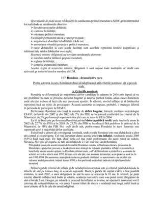 OperaŃiunile de piaŃă au un rol deosebit în conducerea politicii monetare a SEBC, prin intermediul
lor realizându-se următoarele obiective:
          direcŃionarea ratelor dobânzii;
          controlul lichidităŃii;
          orientarea politicii monetare.
       FacilităŃile permanente au ca scopuri principale:
          asigurarea şi absorbŃia lichidităŃii în 24 de ore;
          semnalarea orientării generale a politicii monetare;
          ratele dobânzilor la care aceste facilităŃi sunt acordate reprezintă limitele (superioare şi
inferioare) ale ratelor dobânzilor over night;
       Rezervele minime obligatorii au în vedere următoarele elemente:
          stabilirea ratelor dobânzii pe piaŃa monetară;
          reglarea lichidităŃii;
          controlul expansiunii monetare.
       Acestui regim al rezervelor minime obligatorii îi sunt supuse toate instituŃiile de credit care
activează pe teritoriul statelor membre ale UM.

                                      13.7. România – drumul către euro
        Pentru aderarea la euro, România trebuie să îndeplinească atât criteriile nominale, cât şi pe cele
                                                 reale.
                                               A. Criteriile nominale
       România se diferenŃiază de majoritatea Ńărilor candidate la aderare în 2004 prin faptul că nu
are probleme în ceea ce priveşte deficitul bugetar şi datoria publică totală, adică exact domeniile
unde alte Ńări trebuie să facă cele mai dureroase ajustări. În schimb, nivelul inflaŃiei şi al dobânzilor
reprezintă încă un motiv de preocupare. Această asimetrie va impune, probabil, o strategie diferită
în perioada de participare la ERM II.
       PerformanŃa României este bună în materie de deficit bugetar, întrucât, conform metodologiei
ESA95, deficitele din 2002 şi din 2003 (de 2% din PIB) se încadrează confortabil în criteriul de la
Maastricht, de 3%, performanŃă superioară altor Ńări care au intrat în UE în 2004.
       La fel de bună este performanŃa României privind datoria publică totală, unde nivelurile atinse în
2002 (de 22,7% din PIB) şi în 2003 (de 23,7% din PIB) se încadrează fără probleme în criteriul de la
Maastricht, de 60% din PIB. Mai mult decât atât, perfor-manŃa României în acest domeniu este
superioară celei a majorităŃii Ńărilor candidate.
       Există însă şi criterii de convergenŃă nominală, unde poziŃia României este mai slabă decât a altor
Ńări central şi est-europene. Cel mai important dintre acestea este rata inflaŃiei, rezultatele anului 2005
(9,5%) fiind încă mari. De fapt, chiar Ńările cel mai puŃin performante din acest punct de vedere,
Slovacia, Slovenia şi Ungaria, au rate ale inflaŃiei de 2-3 ori mai mici decât România.
    Principalele cauze ale acestei situaŃii defavorabile României constau în finalizarea târzie a procesului de
    liberalizare a preŃurilor, precum şi în adoptarea unei strategii de reducere graduală a inflaŃiei, cu costurile şi
    beneficiile ataşate acestei opŃiuni. În România, ultimul mare „val” de liberalizare a preŃurilor şi a cursului de
    schimb a avut loc abia în anul 1997, în timp ce în alte Ńări, mai avansate în tranziŃie, acest proces a avut loc în
    anii 1992-1994. De asemenea, strategia de reducere graduală a inflaŃiei, cu aproximativ câte un sfert din
    valoarea anului precedent, iniŃiată în anul 1999, a fost preferată unei soluŃii radicale (de tipul consiliului
    monetar).
        Strâns legat de criteriul de inflaŃie şi de neîndeplinirea acestuia este şi criteriul privind dobânda la
titlurile de stat pe termen lung în moneda naŃională. Dacă pe pieŃele de capital extern a fost posibilă
emiterea, în anul 2002, a unor obligaŃiuni de stat în euro cu scadenŃa la 10 ani, în schimb, pe piaŃa
internă, datorită inflaŃiei încă înalte şi volatile, scadenŃa maximă la care s-au putut emite obligaŃiuni de
stat a fost de 5 ani. Desigur, pe măsură ce procesul dezinflaŃiei va avansa, iar operatorii economici vor fi
convinşi de sustenabilitatea sa, vor putea fi emise titluri de stat cu o scadenŃă mai lungă, astfel încât şi
acest criteriu să fie în cele din urmă îndeplinit.
 