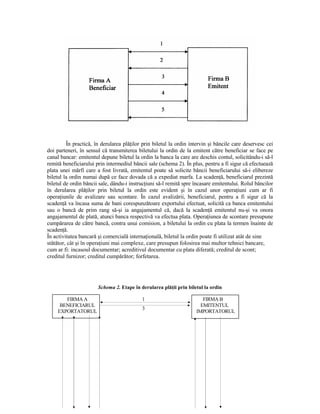 În practică, în derularea plăŃilor prin biletul la ordin intervin şi băncile care deservesc cei
doi parteneri, în sensul că transmiterea biletului la ordin de la emitent către beneficiar se face pe
canal bancar: emitentul depune biletul la ordin la banca la care are deschis contul, solicitându-i să-l
remită beneficiarului prin intermediul băncii sale (schema 2). În plus, pentru a fi sigur că efectuează
plata unei mărfi care a fost livrată, emitentul poate să solicite băncii beneficiarului să-i elibereze
biletul la ordin numai după ce face dovada că a expediat marfa. La scadenŃă, beneficiarul prezintă
biletul de ordin băncii sale, dându-i instrucŃiuni să-l remită spre încasare emitentului. Rolul băncilor
în derularea plăŃilor prin biletul la ordin este evident şi în cazul unor operaŃiuni cum ar fi
operaŃiunile de avalizare sau scontare. În cazul avalizării, beneficiarul, pentru a fi sigur că la
scadenŃă va încasa suma de bani corespunzătoare exportului efectuat, solicită ca banca emitentului
sau o bancă de prim rang să-şi ia angajamentul că, dacă la scadenŃă emitentul nu-şi va onora
angajamentul de plată, atunci banca respectivă va efectua plata. OperaŃiunea de scontare presupune
cumpărarea de către bancă, contra unui comision, a biletului la ordin cu plata la termen înainte de
scadenŃă.
În activitatea bancară şi comercială internaŃională, biletul la ordin poate fi utilizat atât de sine
stătător, cât şi în operaŃiuni mai complexe, care presupun folosirea mai multor tehnici bancare,
cum ar fi: incasoul documentar; acreditivul documentar cu plata diferată; creditul de scont;
creditul furnizor; creditul cumpărător; forfetarea.




                       Schema 2. Etape în derularea plăŃii prin biletul la ordin

       FIRMA A                             1                           FIRMA B
     BENEFICIARUL                                                     EMITENTUL
                                           3
    EXPORTATORUL                                                    IMPORTATORUL
 