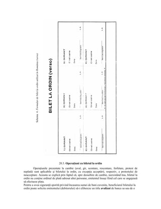 Schema 4. Formular de bilet la ordin utilizat în România (verso)




                                                                              20.3. OperaŃiuni cu biletul la ordin
         OperaŃiunile prezentate la cambie (aval, gir, scontare, rescontare, forfetare, protest de
neplată) sunt aplicabile şi biletului la ordin, cu excepŃia acceptării, respectiv, a protestului de
neacceptare. Aceasta se explică prin faptul că, spre deosebire de cambie, neexistând tras, biletul la
ordin nu conŃine ordinul de plată adresat altei persoane, emitentul însuşi fiind cel care se angajează
să efectueze plata.
Pentru a avea siguranŃă sporită privind încasarea sumei de bani cuvenite, beneficiarul biletului la
ordin poate solicita emitentului (debitorului) să-i elibereze un titlu avalizat de banca sa sau de o
 