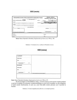 Sursa: Banca NaŃională a României, Reglementări privind cecul, 1994, p. 106.



                             Schema 1. Formular de cec utilizat în România (verso)




Sursa: Banca NaŃională a României, Reglementări privind cecul, 1994, p. 107.
         De precizat faptul că, fiind plătibil la vedere, în textul cecului nu este necesar să apară menŃiuni
cu privire la scadenŃă. De asemenea, existând posibilitatea ca cecul să fie la purtător, nu este obligatoriu
să apară numele beneficiarului, în acest caz, cecul fiind plătit oricărei persoane care îl prezintă la
încasare.
                       Schema 2. Formă simplificată de filă de cec (exemplu ipotetic)
 