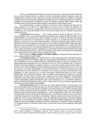 Pentru a se preîntâmpina posibilitatea ca cecul să fie prezentat la bancă de persoane neautorizate
(care au intrat în posesia cecului ca urmare a furtului sau pierderii acestuia), încasarea cecului este
condiŃionată de semnarea lui încă o dată de către posesor. FuncŃionarul bancar are obligaŃia să confrunte
semnătura de pe cec din momentul cumpărării cu semnătura de pe cec dată în prezenŃa sa şi, eventual, cu
semnătura de pe documentul de identitate şi, dacă sunt identice, efectuează plata. Ulterior, banca din
străinătate remite cecul spre încasare băncii emitente, care transmite contravaloarea cecului.
           De-a lungul timpului, cecurile de călătorie au cunoscut creşteri importante atât din punct de
vedere cantitativ, cât şi calitativ. Pe lângă dinamica pe care au avut-o, cecurile de călătorie s-au
diversificat în ceea ce priveşte emitenŃii (bănci, dar şi alte societăŃi, cum ar fi marile agenŃii de voiaj) şi
facilităŃile pe care le prezintă, apărând forme noi de cecuri, cu grad sporit de securitate (eurocecurile,
cecurile VISA etc.);
           (6) eurocecuri (eurocheques) – sunt o formă specială de cecuri de călătorie în alb (nu au
valoarea tipărită pe ele), care se particularizează prin faptul că sunt vândute de bănci clienŃilor care au
conturi deschise la ele împreună cu o carte de garanŃie. Pe măsură ce trebuie să efectueze plăŃi, clienŃii
beneficiari de eurocecuri le completează cu sumele necesare şi le prezintă spre încasare băncilor
plătitoare. Acestea le vor onora numai dacă solicitantul va prezenta şi cartea de garanŃie aferentă, iar între
datele înscrise în cartea de garanŃie şi datele înscrise în cec există concordanŃă deplină. După cum arată şi
denumirea, cartea de garanŃie are un rol dublu: de a garanta băncii plătitoare că va încasa banii de la
banca ce a emis cecul şi de a oferi protecŃie beneficiarului că, în cazul în care cecul este pierdut sau furat,
el nu va putea fi încasat de persoane neautorizate. La acest sistem participă majoritatea Ńărilor din Europa
şi din zona mediteraneană, forma şi culoarea eurocecurilor fiind la fel în toate aceste Ńări. Pe lângă Ńările
care emit eurocecuri, există şi Ńări care doar le acceptă spre plată.
           III. În funcŃie de părŃile angajate în derularea plăŃilor, se disting două tipuri principale de
cecuri: cecuri personale şi cecuri bancare.
           (1) Cecurile personale sunt cecurile trase de o firmă asupra unei bănci. Beneficiarii primesc
cecurile personale direct de la trăgători, după care le prezintă spre încasare băncilor trase. Să considerăm,
spre exemplificare, cazul unui export efectuat de o firmă din România unei firme din străinătate, care se
reglementează prin intermediul unui cec personal. În acest caz, firma românească este în calitate de
beneficiar, firma din străinătate, de trăgător şi banca ce serveşte firma străină, de bancă trasă. După ce a
primit cecul de la firma trăgătoare, firma din România se prezintă la ghişeele băncii din Ńara sa cu care
are relaŃii de cont (banca intermediară sau banca beneficiarului) şi solicită prezentarea cecului spre
încasare băncii trase (din străinătate). În momentul în care soseşte cecul, banca trasă debitează contul
trăgătorului cu suma înscrisă pe cec şi remite banii băncii beneficiarului pentru a-i vira în contul
beneficiarului. Din mecanismul prezentat, reiese că utilizarea cecului personal nu oferă nici o garanŃie
beneficiarului că banca trasă va efectua plata, respectiv, că în contul trăgătorului (importatorului,
emitentului cecului) sunt suficienŃi bani pentru onorarea plăŃii. De aceea, în situaŃia în care exportatorii
acceptă reglementarea plăŃilor internaŃionale prin cecuri personale şi nu au suficientă încredere în
partenerii contractuali (importatori), atunci, pentru evitarea acestor riscuri, pot solicita expedierea mărfii
sau prestarea serviciului după încasarea banilor.
           (2) Cecurile bancare sunt cecurile trase de o bancă asupra altei bănci. Să presupunem că o
firmă din România trebuie să efectueze plata unui serviciu efectuat de o firmă străină prin intermediul
unui cec bancar. În acest scop, firma din România se prezintă la banca sa şi îi ordonă efectuarea plăŃii
prin cec bancar în favoarea firmei din străinătate. Pe baza instrucŃiunilor primite, banca din România
debitează contul firmei româneşti (importatoare) cu suma corespunzătoare, după care emite (trage) un
cec asupra băncii indicate de aceasta în ordinul transmis. Concomitent, acoperă cecul pe care l-a emis,
virând banii respectivi în contul băncii din străinătate. După ce a primit cecul bancar (fie direct de la
importator, fie de la banca importatorului), firma din străinătate (exportatorul) se prezintă la ghişeele
băncii sale şi încasează banii. În exemplul considerat, banca din România îndeplineşte rolul de bancă
trăgătoare, banca din străinătate, de bancă trasă şi firma exportatoare, de beneficiar. (Pentru simplificare,
s-a considerat că plata se efectuează la banca trasă, iar între banca trasă şi banca trăgătoare există relaŃii
de cont)234.
         234
             Pentru detalii privind cecul a se vedea: Tudor Popescu, Dreptul comerŃului internaŃional, (ediŃia a
doua), Editura Didactică şi Pedagogică, Bucureşti, 1983; Mariana Negruş, Decontarea tranzacŃiilor
internaŃionale, Editura Tribuna Economică, Bucureşti, 1993; Ion Turcu, OperaŃiuni şi contracte bancare, Editura
 