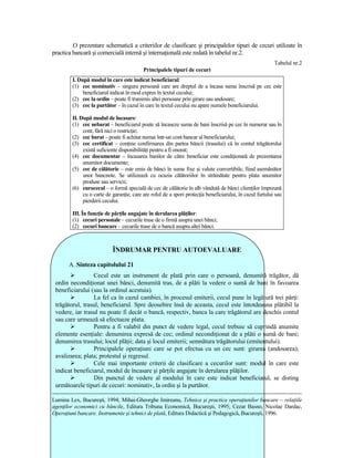 O prezentare schematică a criteriilor de clasificare şi principalelor tipuri de cecuri utilizate în
practica bancară şi comercială internă şi internaŃională este redată în tabelul nr.2.
                                                                                                          Tabelul nr.2
                                          Principalele tipuri de cecuri
        I. După modul în care este indicat beneficiarul:
        (1) cec nominativ – singura persoană care are dreptul de a încasa suma înscrisă pe cec este
             beneficiarul indicat în mod expres în textul cecului;
        (2) cec la ordin – poate fi transmis altei persoane prin girare sau andosare;
        (3) cec la purtător – în cazul în care în textul cecului nu apare numele beneficiarului.

        II. După modul de încasare:
        (1) cec nebarat – beneficiarul poate să încaseze suma de bani înscrisă pe cec în numerar sau în
             cont, fără nici o restricŃie;
        (2) cec barat – poate fi achitat numai într-un cont bancar al beneficiarului;
        (3) cec certificat – conŃine confirmarea din partea băncii (trasului) că în contul trăgătorului
             există suficiente disponibilităŃi pentru a fi onorat;
        (4) cec documentar – încasarea banilor de către beneficiar este condiŃionată de prezentarea
             anumitor documente;
        (5) cec de călătorie – este emis de bănci în sume fixe şi valute convertibile, fiind asemănător
             unor bancnote. Se utilizează cu ocazia călătoriilor în străinătate pentru plata anumitor
             produse sau servicii;
        (6) eurocecul – o formă specială de cec de călătorie în alb vândută de bănci clienŃilor împreună
             cu o carte de garanŃie, care are rolul de a spori protecŃia beneficiarului, în cazul furtului sau
             pierderii cecului.

        III. În funcŃie de părŃile angajate în derularea plăŃilor:
        (1) cecuri personale – cecurile trase de o firmă asupra unei bănci;
        (2) cecuri bancare – cecurile trase de o bancă asupra altei bănci.



                           ÎNDRUMAR PENTRU AUTOEVALUARE

       A. Sinteza capitolului 21
                 Cecul este un instrument de plată prin care o persoană, denumită trăgător, dă
 ordin necondiŃionat unei bănci, denumită tras, de a plăti la vedere o sumă de bani în favoarea
 beneficiarului (sau la ordinul acestuia).
                 La fel ca în cazul cambiei, în procesul emiterii, cecul pune în legătură trei părŃi:
 trăgătorul, trasul, beneficiarul. Spre deosebire însă de aceasta, cecul este întotdeauna plătibil la
 vedere, iar trasul nu poate fi decât o bancă, respectiv, banca la care trăgătorul are deschis contul
 sau care urmează să efectueze plata.
                 Pentru a fi valabil din punct de vedere legal, cecul trebuie să cuprindă anumite
 elemente esenŃiale: denumirea expresă de cec; ordinul necondiŃionat de a plăti o sumă de bani;
 denumirea trasului; locul plăŃii; data şi locul emiterii; semnătura trăgătorului (emitentului).
                 Principalele operaŃiuni care se pot efectua cu un cec sunt: girarea (andosarea);
 avalizarea; plata; protestul şi regresul.
                 Cele mai importante criterii de clasificare a cecurilor sunt: modul în care este
 indicat beneficiarul, modul de încasare şi părŃile angajate în derularea plăŃilor.
                 Din punctul de vedere al modului în care este indicat beneficiarul, se disting
 următoarele tipuri de cecuri: nominativ, la ordin şi la purtător.

Lumina Lex, Bucureşti, 1994; Mihai-Gheorghe Imireanu, Tehnica şi practica operaŃiunilor bancare – relaŃiile
agenŃilor economici cu băncile, Editura Tribuna Economică, Bucureşti, 1995; Cezar Basno, Nicolae Dardac,
OperaŃiuni bancare. Instrumente şi tehnici de plată, Editura Didactică şi Pedagogică, Bucureşti, 1996.
 