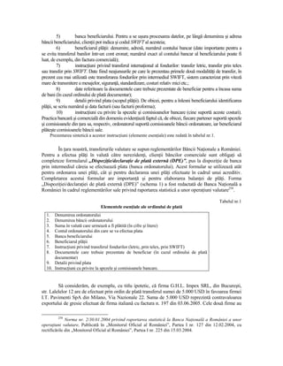 5)         banca beneficiarului. Pentru a se uşura procesarea datelor, pe lângă denumirea şi adresa
băncii beneficiarului, clienŃii pot indica şi codul SWIFT al acesteia;
         6)         beneficiarul plăŃii: denumire, adresă, numărul contului bancar (date importante pentru a
se evita transferul banilor într-un cont eronat; numărul exact al contului bancar al beneficiarului poate fi
luat, de exemplu, din factura comercială);
         7)         instrucŃiuni privind transferul internaŃional al fondurilor: transfer letric, transfer prin telex
sau transfer prin SWIFT. Date fiind neajunsurile pe care le prezentau primele două modalităŃi de transfer, în
prezent cea mai utilizată este transferarea fondurilor prin intermediul SWIFT, sistem caracterizat prin viteză
mare de transmitere a mesajelor, siguranŃă, standardizare, costuri relativ mici etc.;
         8)         date referitoare la documentele care trebuie prezentate de beneficiar pentru a încasa suma
de bani (în cazul ordinului de plată documentar);
         9)         detalii privind plata (scopul plăŃii). De obicei, pentru a înlesni beneficiarului identificarea
plăŃii, se scriu numărul şi data facturii (sau facturii proforma);
         10)        instrucŃiuni cu privire la spezele şi comisioanelor bancare (cine suportă aceste costuri).
Practica bancară şi comercială din domeniu evidenŃiază faptul că, de obicei, fiecare partener suportă spezele
şi comisioanele din Ńara sa, respectiv, ordonatorul suportă comisioanele băncii ordonatoare, iar beneficiarul
plăteşte comisioanele băncii sale.
       Prezentarea sintetică a acestor instrucŃiuni (elemente esenŃiale) este redată în tabelul nr.1.


         În Ńara noastră, transferurile valutare se supun reglementărilor Băncii NaŃionale a României.
Pentru a efectua plăŃi în valută către nerezidenŃi, clienŃii băncilor comerciale sunt obligaŃi să
completeze formularul „DispoziŃie/declaraŃie de plată externă (DPE)”, pus la dispoziŃie de banca
prin intermediul căreia se efectuează plata (banca ordonatorului). Acest formular se utilizează atât
pentru ordonarea unei plăŃi, cât şi pentru declararea unei plăŃi efectuate în cadrul unui acreditiv.
Completarea acestui formular are importanŃă şi pentru elaborarea balanŃei de plăŃi. Forma
„DispoziŃiei/declaraŃiei de plată externă (DPE)” (schema 1) a fost redactată de Banca NaŃională a
României în cadrul reglementărilor sale privind raportarea statistică a unor operaŃiuni valutare258.

                                                                                                        Tabelul nr.1
                                   Elementele esenŃiale ale ordinului de plată
  1.  Denumirea ordonatorului
  2.  Denumirea băncii ordonatorului
  3.  Suma în valută care urmează a fi plătită (în cifre şi litere)
  4.  Contul ordonatorului din care se va efectua plata
  5.  Banca beneficiarului
  6.  Beneficiarul plăŃii
  7.  InstrucŃiuni privind transferul fondurilor (letric, prin telex, prin SWIFT)
  8.  Documentele care trebuie prezentate de beneficiar (în cazul ordinului de plată
      documentar)
  9. Detalii privind plata
  10. InstrucŃiuni cu privire la spezele şi comisioanele bancare.


         Să considerăm, de exemplu, cu titlu ipotetic, că firma G.H.L. Impex SRL, din Bucureşti,
str. Lalelelor 12 are de efectuat prin ordin de plată transferul sumei de 5.000 USD în favoarea firmei
I.T. Pavimenti SpA din Milano, Via Nazionale 22. Suma de 5.000 USD reprezintă contravaloarea
exportului de gresie efectuat de firma italiană cu factura n. 197 din 03.06.2005. Cele două firme au

           258
              Norma nr. 2/30.01.2004 privind raportarea statistică la Banca NaŃională a României a unor
operaŃiuni valutare, Publicată în „Monitorul Oficial al României”, Partea I nr. 127 din 12.02.2004, cu
rectificările din „Monitorul Oficial al României”, Partea I nr. 225 din 15.03.2004.
 